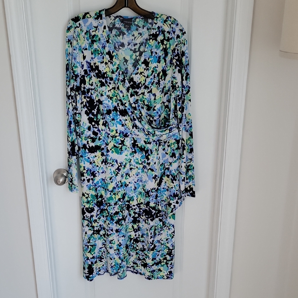 Blue Sheath Dress with Bishop Sleeves and Crew Neck